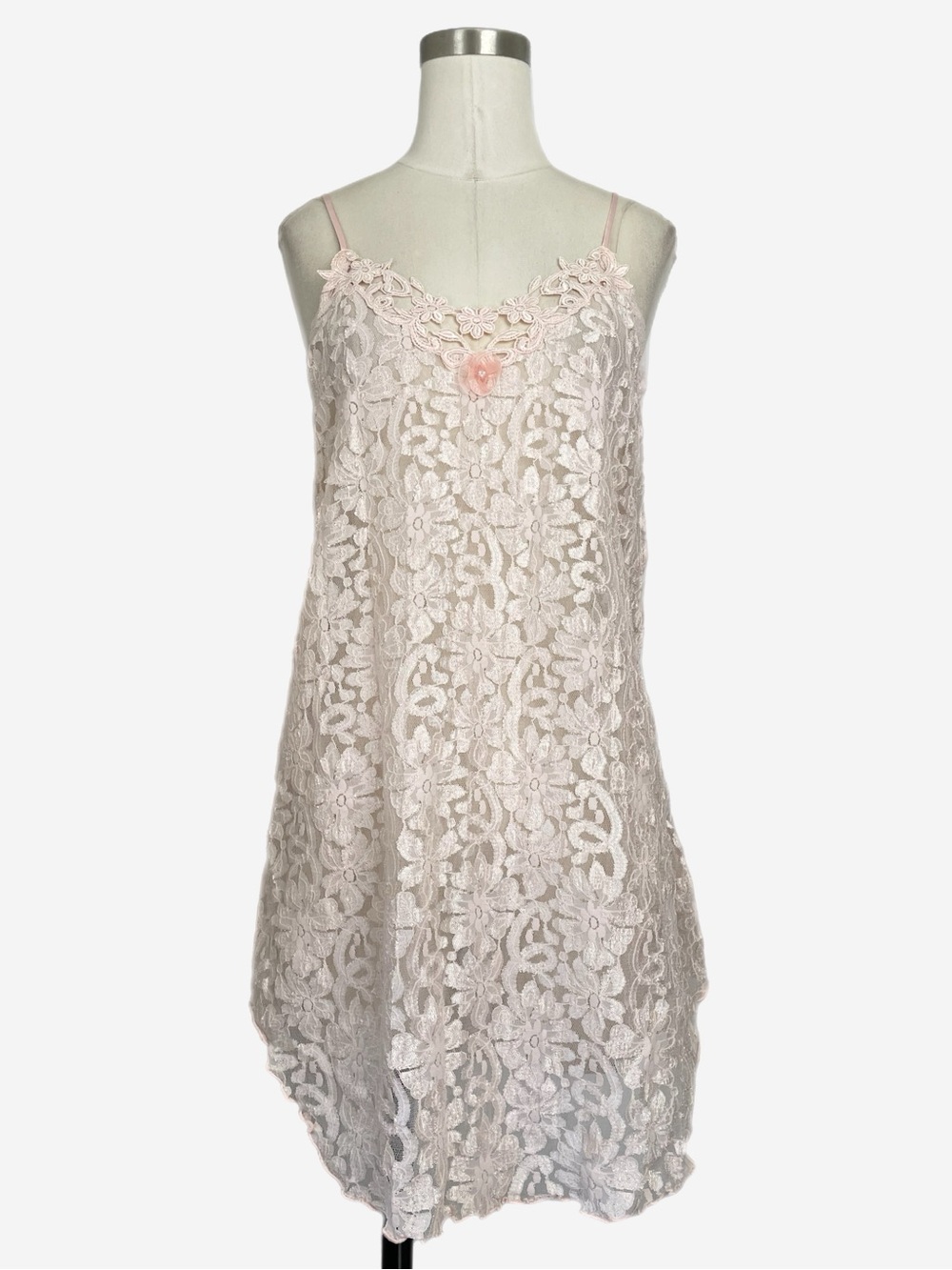 Vintage Y2K Kathie Lee Petal pink sheer lace rosette pearl slip chemise fairy S